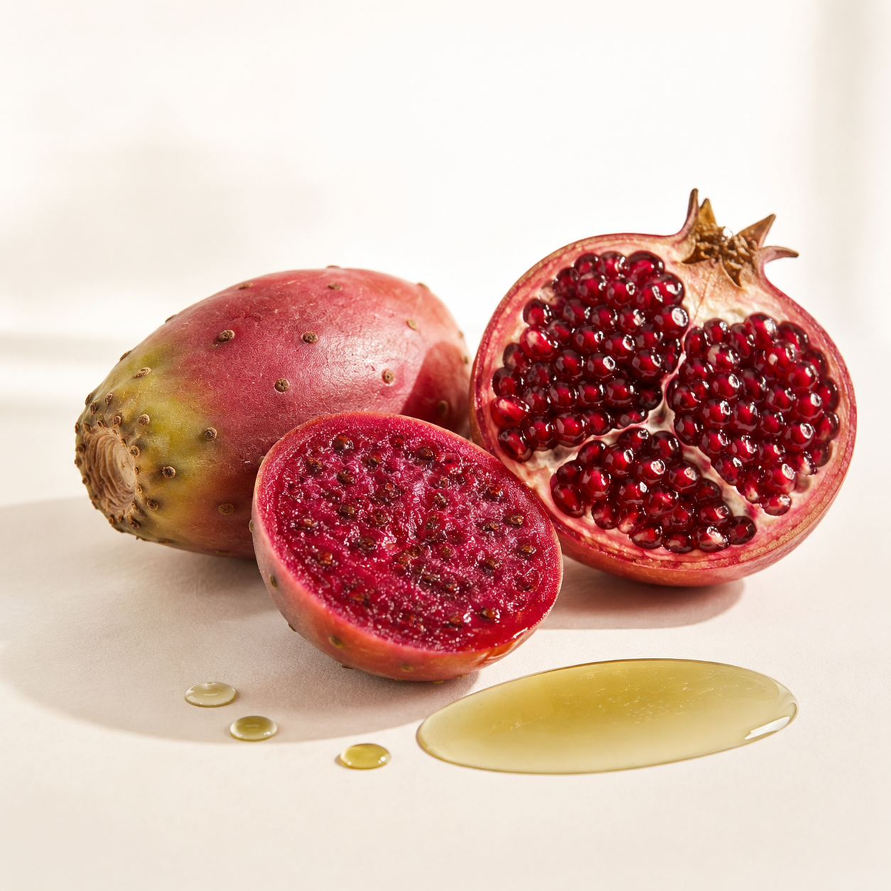Prickly pear fruit beside a single amber oil drop on linen
