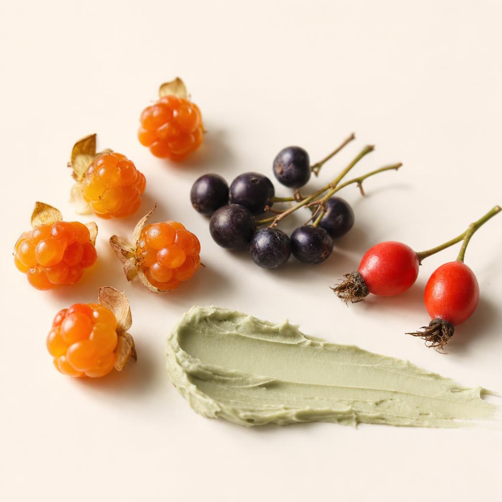 Cloudberries, açaí berries, and rosehips beside a thin swipe of pale green whipped tallow butter