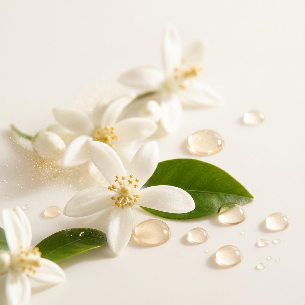 Neroli blossoms with fine water droplets on the petals